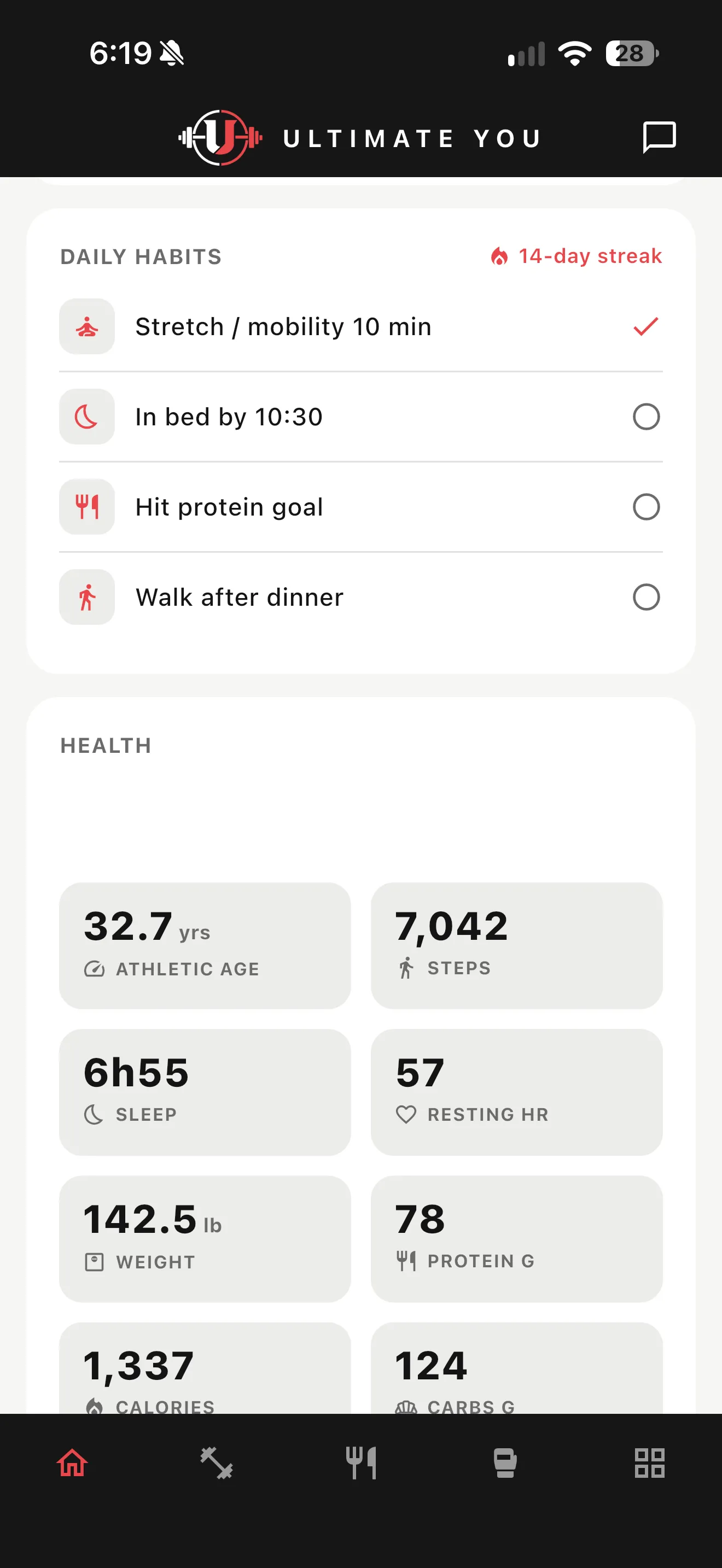 App home screen showing daily habits with a 14-day streak and health stats including steps, sleep, resting heart rate, and weight