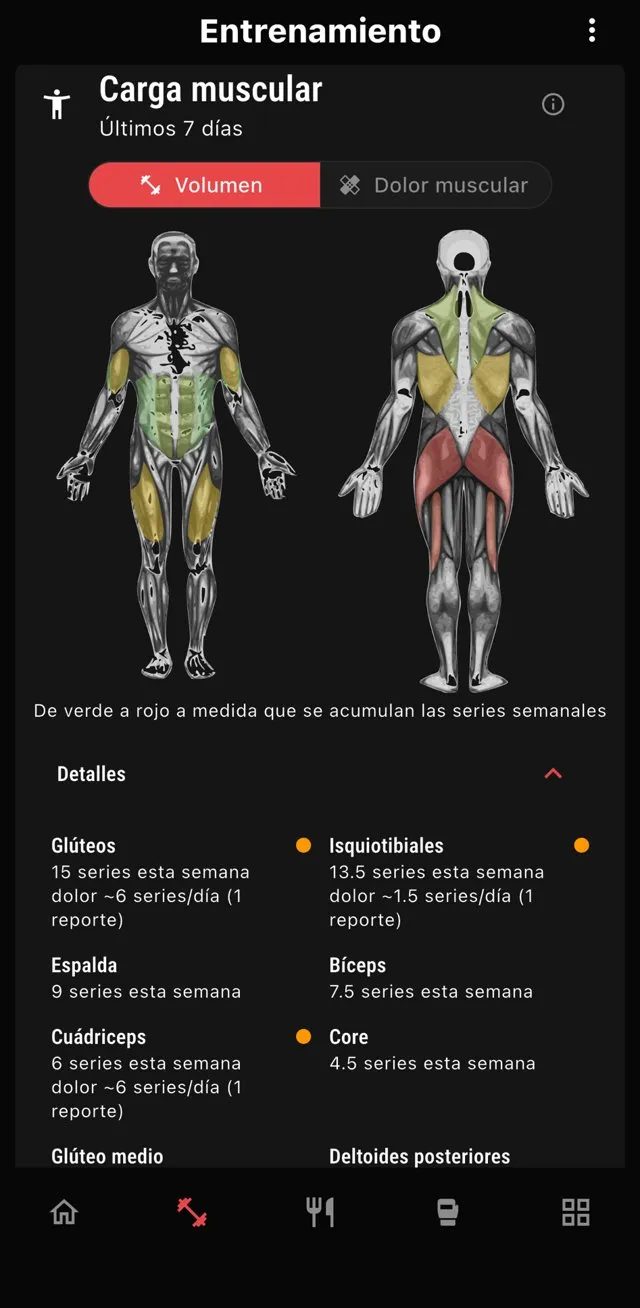 Mapa de carga muscular de los últimos 7 días en la app