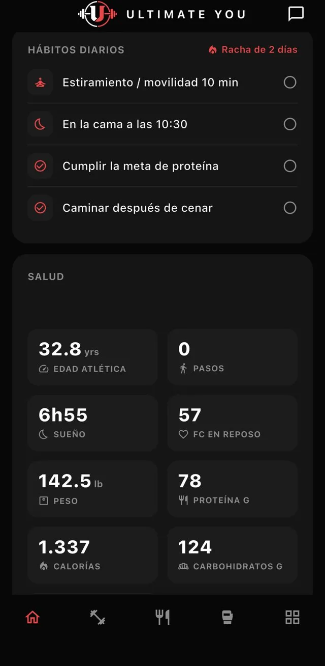 Hábitos diarios y datos de salud en la app: sueño, frecuencia cardiaca en reposo, peso y nutrición